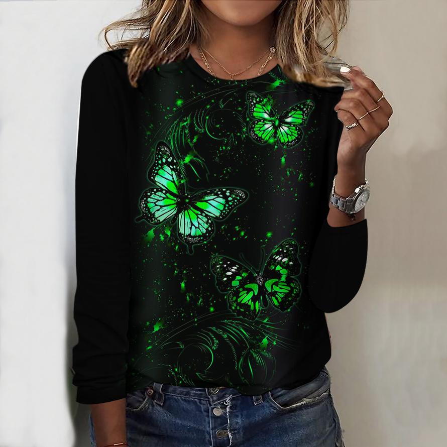 Tops For Women Wheat Ear Butterfly Print Round Neck Long Sleeve T-shirt Fall Casual Slim Pullover Women's Long Sleeve Top