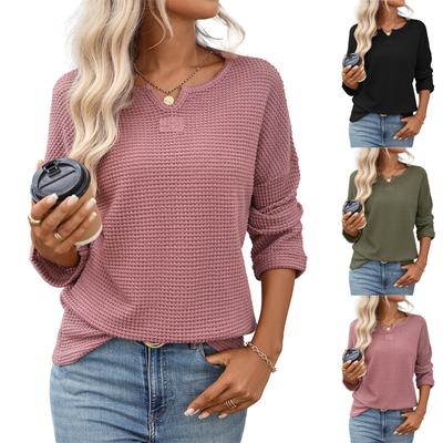 Women's Fashionable V-neck Long Sleeved Solid Color  Knitted Casual Loose T-shirt Top