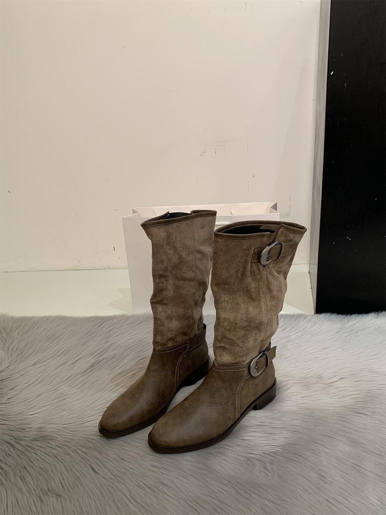 Autumn and winter new retro metal buckle matte stacking boots thick heel round head medium tube boots handmade boots