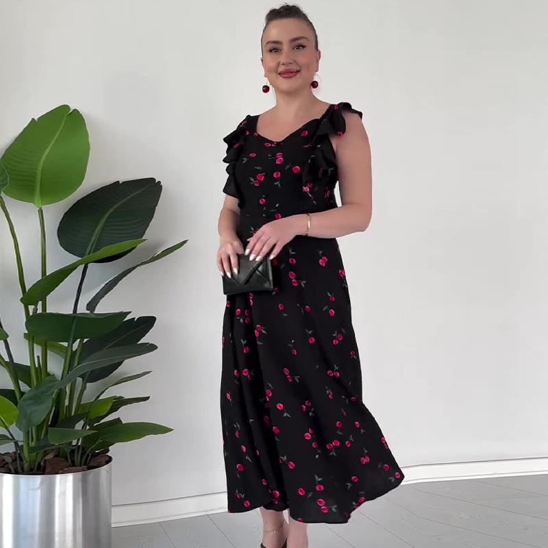 2024 Summer European & American Women's Sweet & Spicy Ruffle Sleeve Fruit Print Dress