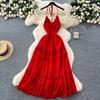 Pure desire style sexy burgundy long-sleeved dress women's French slim A-shaped dress high waist elegant temperament long dress