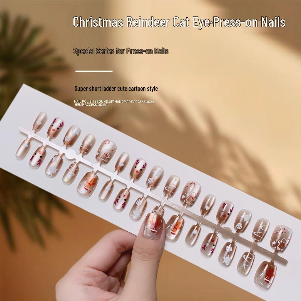 Festive Elk Cat Eye False Nails - Cute Wearable Christmas Nail Art