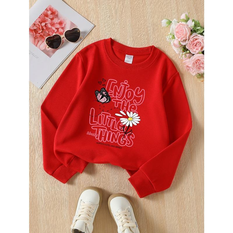 Girls' Long-Sleeve Round Neck Sweatshirt with Printed Design, Enjoy The Little Thi Suitable for Spring And Autumn, Fashionable And Casual
