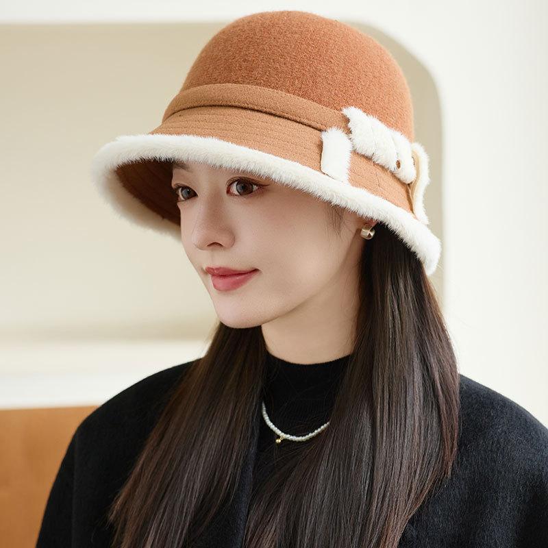 Mode Wolle Retro Fischerhut Herbst und Winter Damen Warmer Plüsch Beckenhut