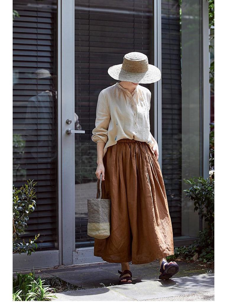 Women's Retro Cotton-Linen Elastic Waist Pleated Skirt - Summer 2023