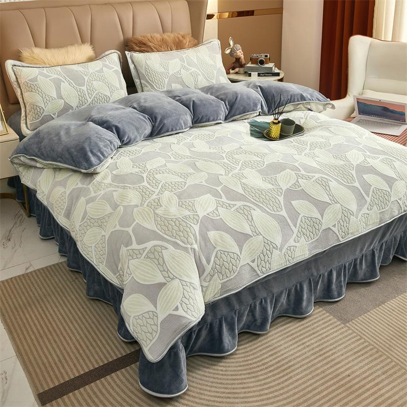 Thickened Milk Fleece Four-Piece Coral Fleece Quilt Cover, Bed Sheet Fleece Double-Sided Fleece Flannel Bedding, Bed Skirt