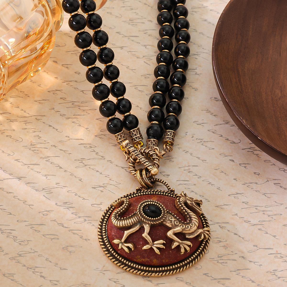 Средневековое Русское Золотое Ретро Зодиак Натуральный Камень Инкрустация Серия Дракон Черные Бусины Двухслойное Ожерелье Круглое