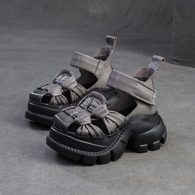 Jieshu Summer New Niche Style Muffin and First-layer Cowhide Sandals Comfortable Woven Breathable Retro Women's Shoes