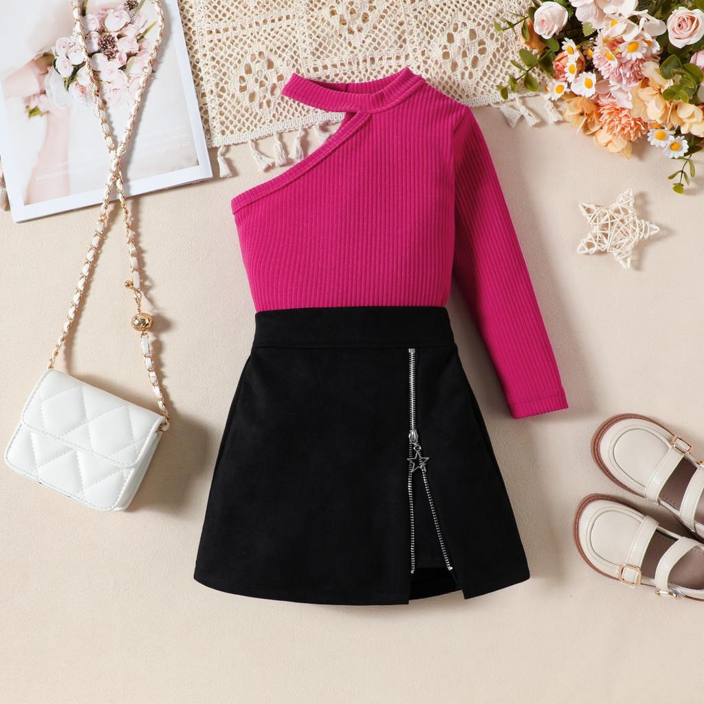 Costum de modă pentru fete Toamnă Copii Umăr în diagonală Mânecă lungă + Fermoar stea Fusta în linie A Costum din două piese