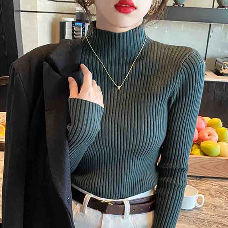 

Модные новые длинные рукава полувысокий воротник белые черные вязаные свитера пуловеры женские топы тонкий вязаный женский свитер JJ33 One Size темно-зеленого