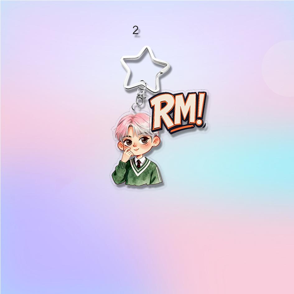 7 Stück BTS Schuluniform-Stil Cartoon Schlüsselanhänger, Bangtan Boys Figur mit buntem Namensschild & Stern-Anhänger, Kpop Idol Taschenanhänger für ARMY Fans