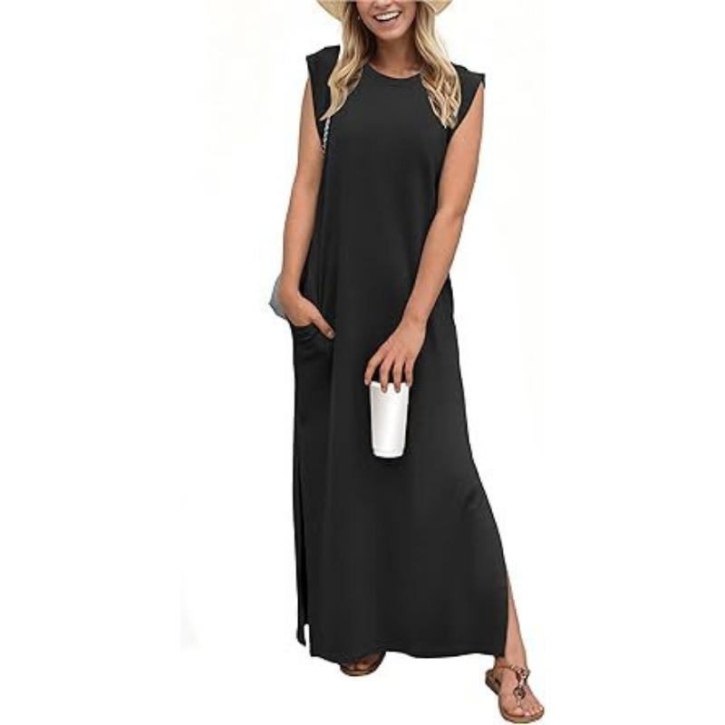 Women's Round-neck Loose Slit Sleeveless Long Pocket Dress