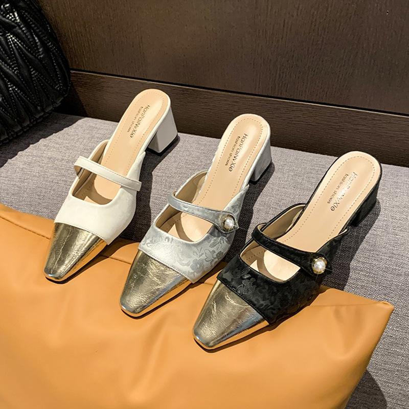 French pearl baotou half slippers women's summer wear spring 2025 new thick high-heeled versatile Muller cool slippers