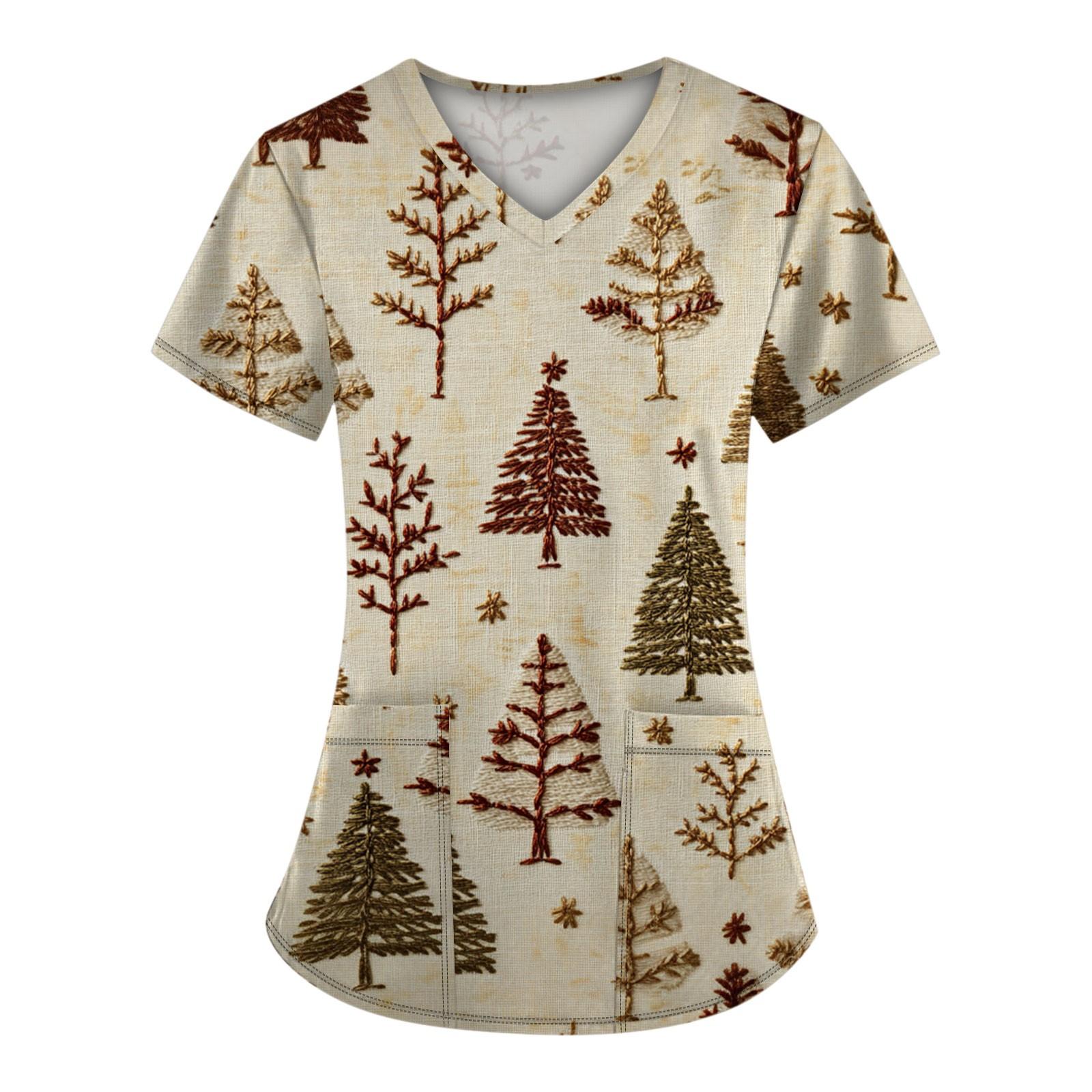 

Женские модные топы с короткими рукавами и V-образным вырезом с принтом, рабочие футболки с карманами S бежевый