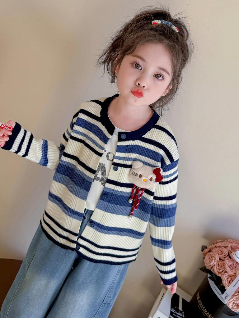 Herbst 2025 Mädchen Strickjacke mit Streifen - Stilvoller Pullover für kleine bis mittlere Kinder