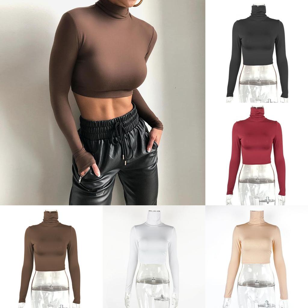 Streetwear T Shirt With High Neck Long Sleeves For Fall Fashion Women