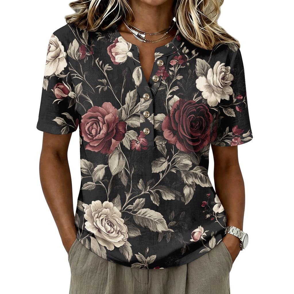 Damen Kurzarm Henley Shirt Knopfleiste Baumwoll-Leinen-Mischung Lässiges Bedrucktes Oberteil Leicht Atmungsaktiv Sommerbluse