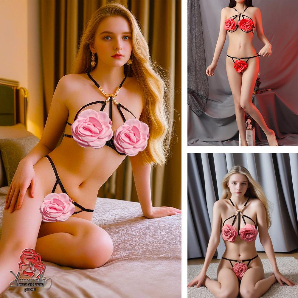 Passionate Rose Flower Lingerie Set: Hollow-Out Bra & Bikini Pajama