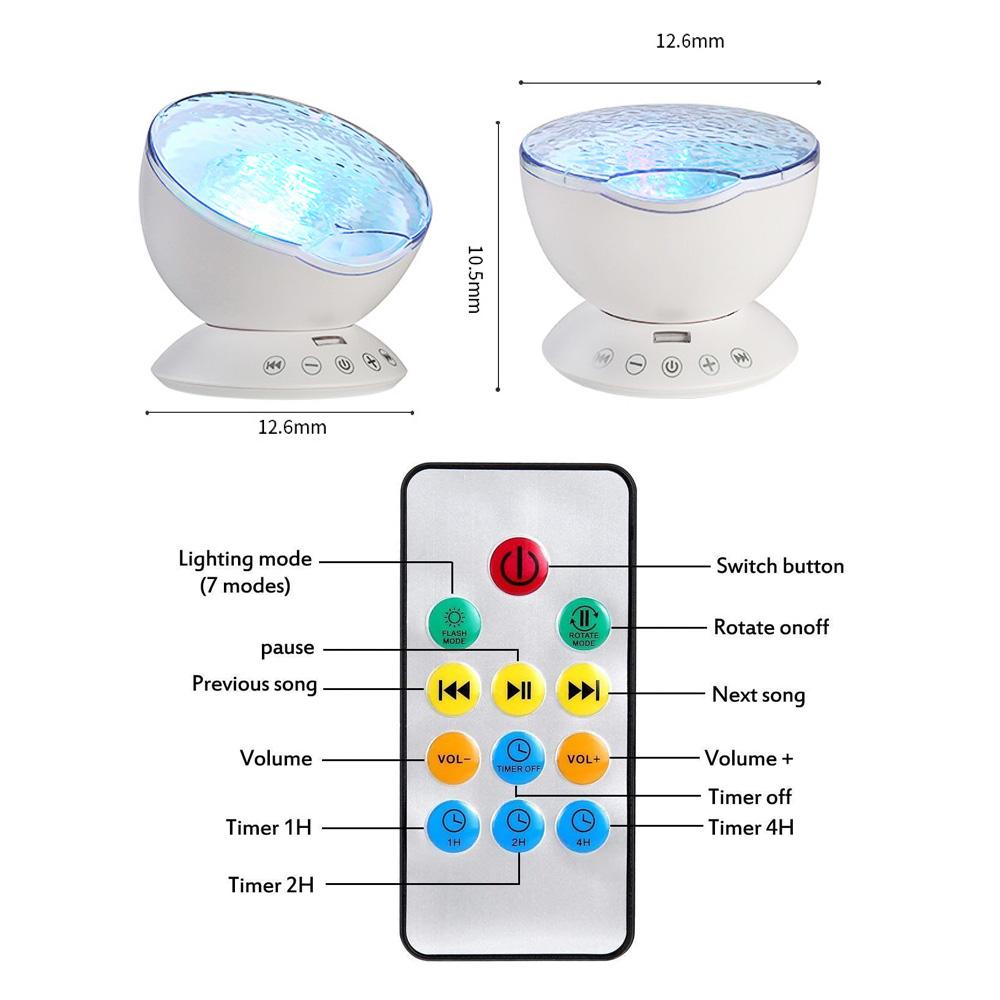 Projektor fal oceanicznych Lampka nocna LED z pilotem USB 7 trybów Kolorowe karty TF Odtwarzacz muzyczny Głośnik Home Decor
