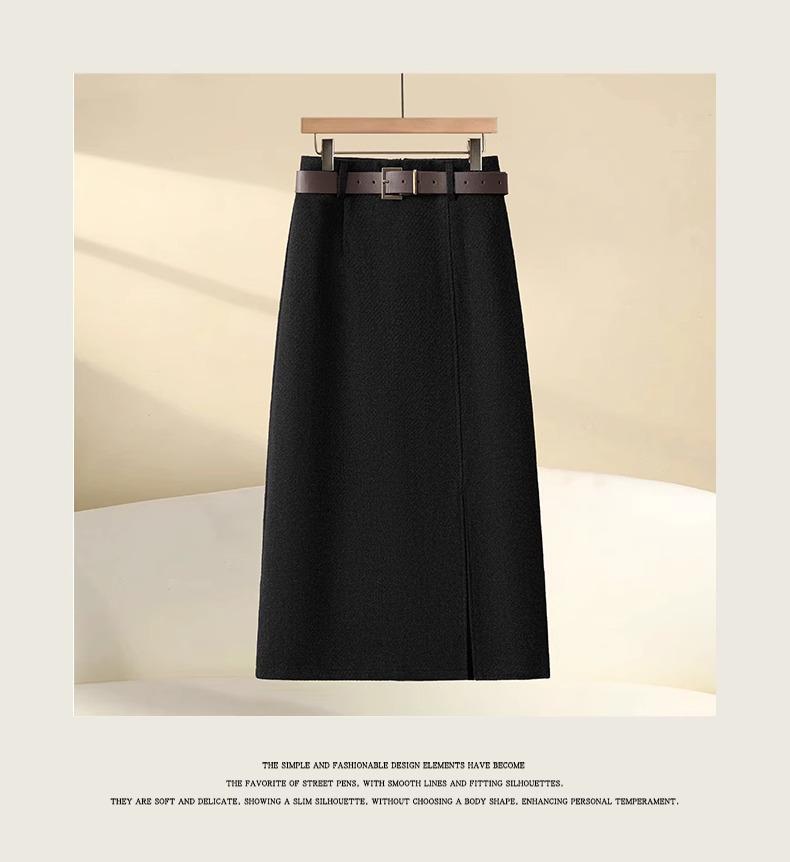 Gray Woolen A-Line Midi Skirt for Women - Autumn/Winter 2024 Stylish Hip Wrap Skirt