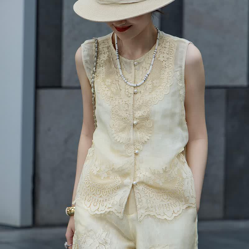 Lanser Women s Linen Blend Embroidered Lace Vest XL