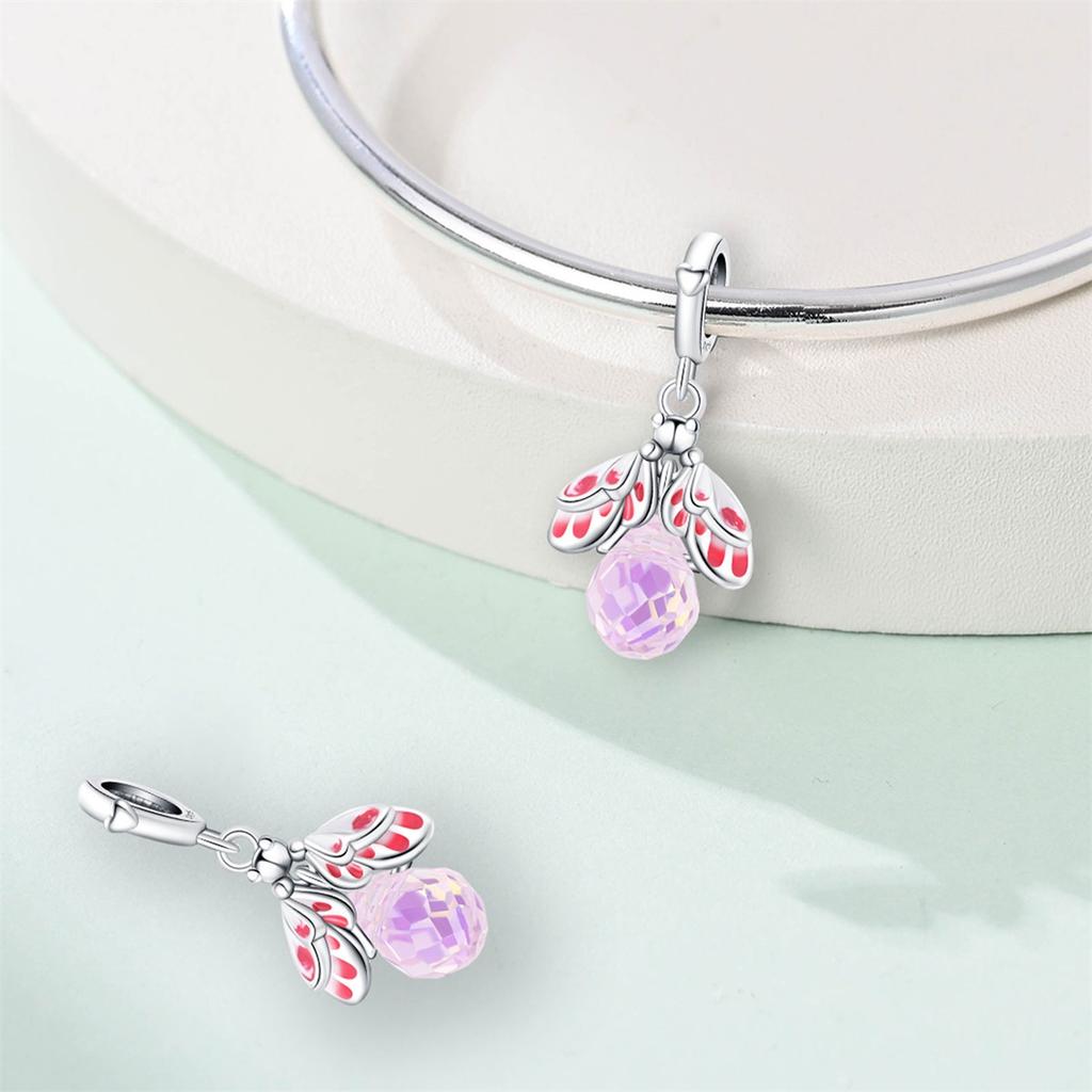 Original Copper Charms Luxury Pink-Winged Firefly Pendant Beads Fit Bracelet Diy Women Making Delicate Gift