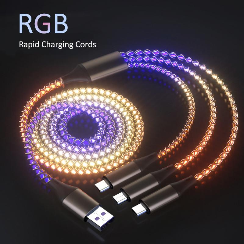RGB 3-in-1 LED Multi Charging Cable 8Pin USB 3N1 RGB Light Gradual 6A Fast Charging 8pin Micro USB Type-C Data Cord