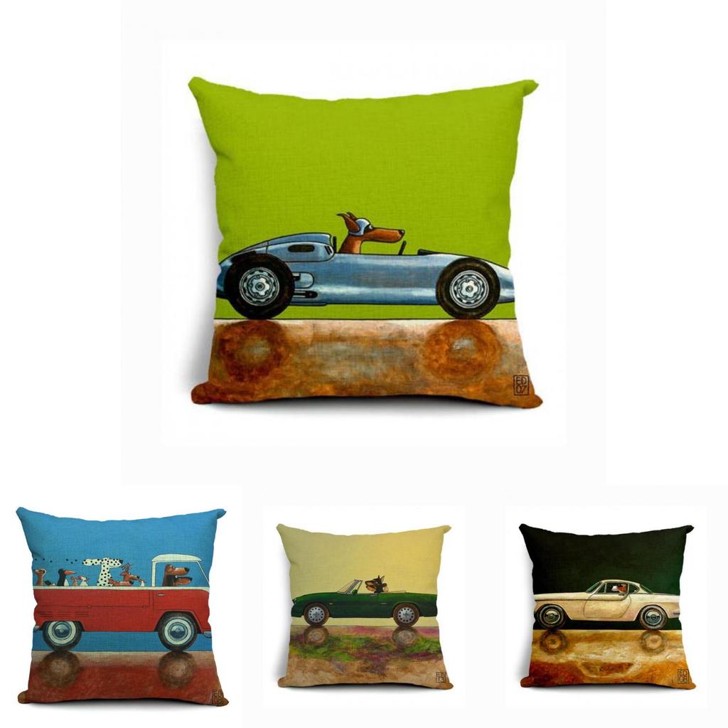 Vintage Car Dog Print Pillow Case In Beautiful Cotton Linen For Stylish Home Decor