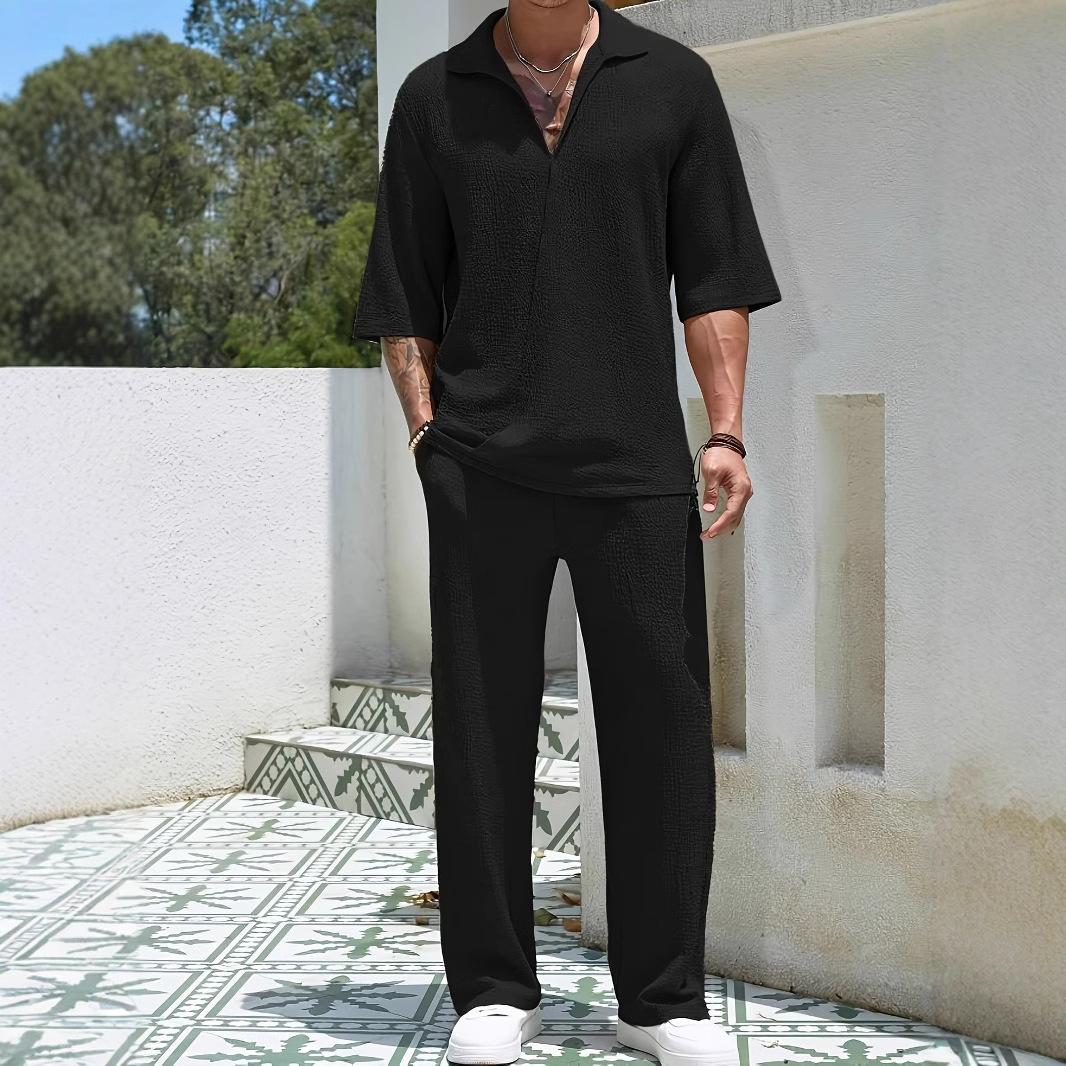 

2025 Новая летняя мода мужская повседневная рубашка с короткими рукавами, однотонные длинные брюки с короткими рукавами, комплект из двух предметов S чёрный