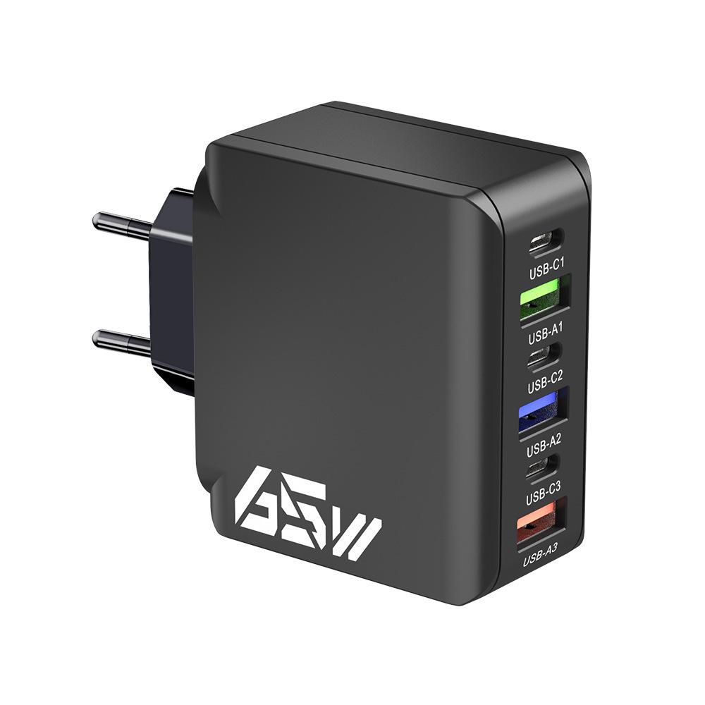 65W Multi-port Charger: 3 PD + 3 USB Ports, Compatible with US/EU/UK Standards, C Port Adapter