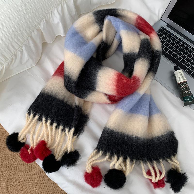 Color blocked Tassel Scarf for Women in Winter New High End Warm and Thickened Scarf for Students Korean Style Versatile Decoration