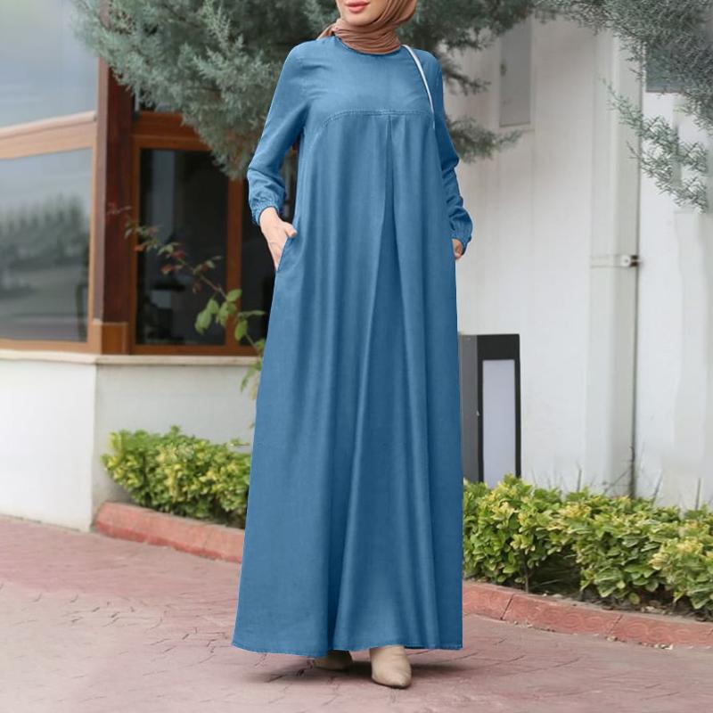 

ZANZEA Женское ретро повседневное платье с круглым вырезом и длинными рукавами свободного кроя XL синий