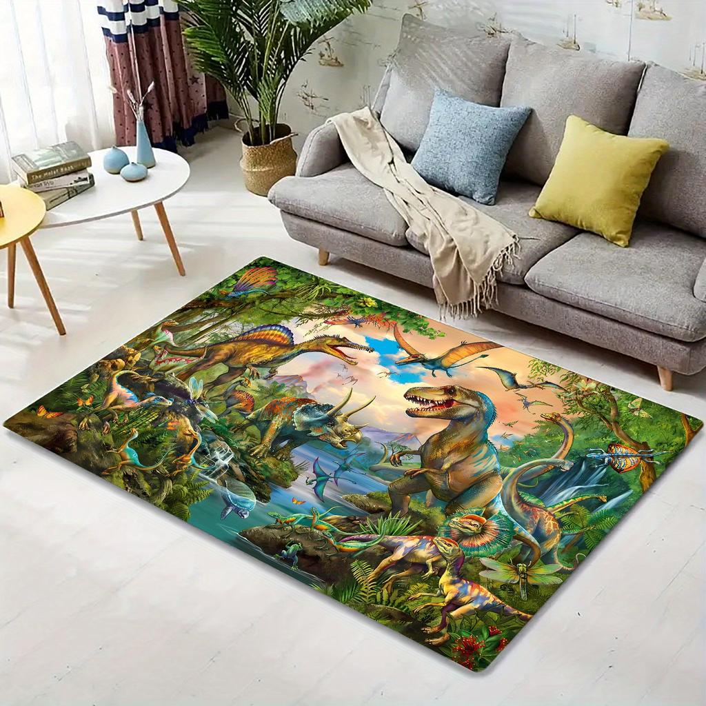 Jurassic dinosaur pattern Flannel-printed floor mats are slip-resistant Suitable for living room bedroom terrace garden carpets