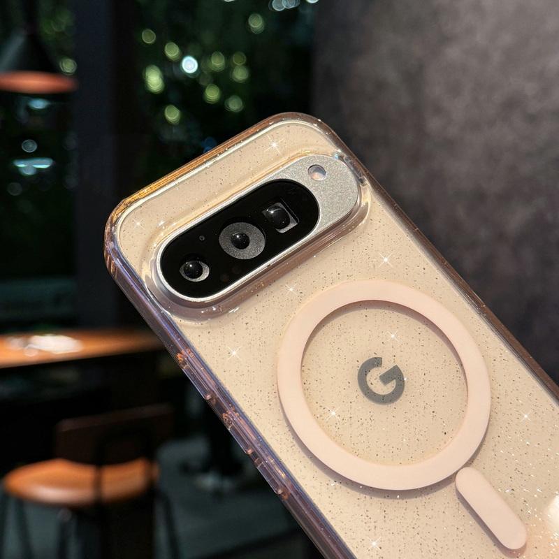 Glitter Clear Wireless Charge Magnetic Case For Google Pixel 9 Pro XL 8 Pro 8A TPU Soft Edge Shockproof Transparent PC Phone Cover