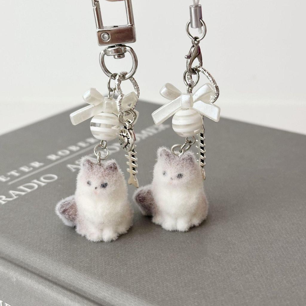 Flocked Puppy & Kitty Doll Bag Charm Keychain - Cute Bear Gift for Girls & Phone Chain Charm