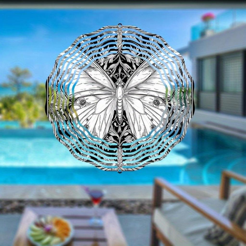 Hand-Drawn Metallic Black & White 3D Butterfly Mandala Wind Chime - Outdoor Hanging Garden Sculpture Art, No Power Needed