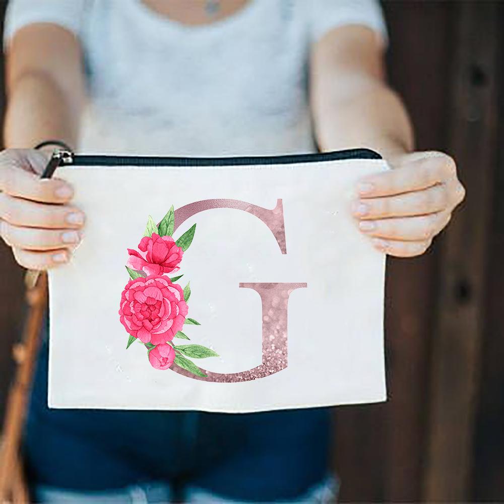 Pink Flowers Alphabet A-Z White Canvas Makeup Bags Zipper Cosmetic Pouch Ladies Casual Fashion Storage Organizer Make Up Bag