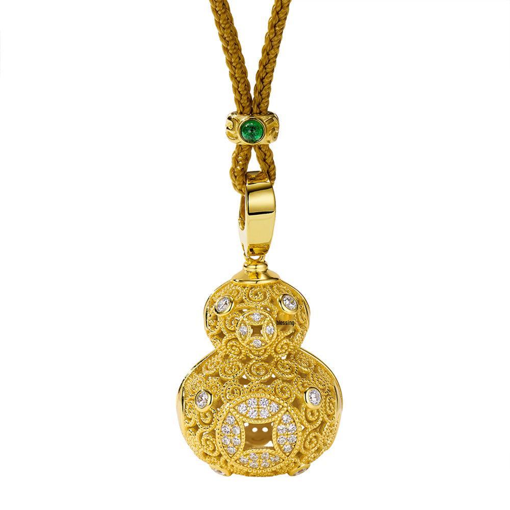 Openwork Cloisonné Gourd Pendant Necklace with 925 Silver and High-Carbon Diamond