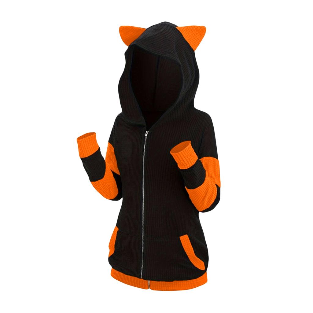 European & American Fall/Winter Hoodie - Thickened Ears Mid-Length Color-Block Hooded Cross-Border Sweatshirt