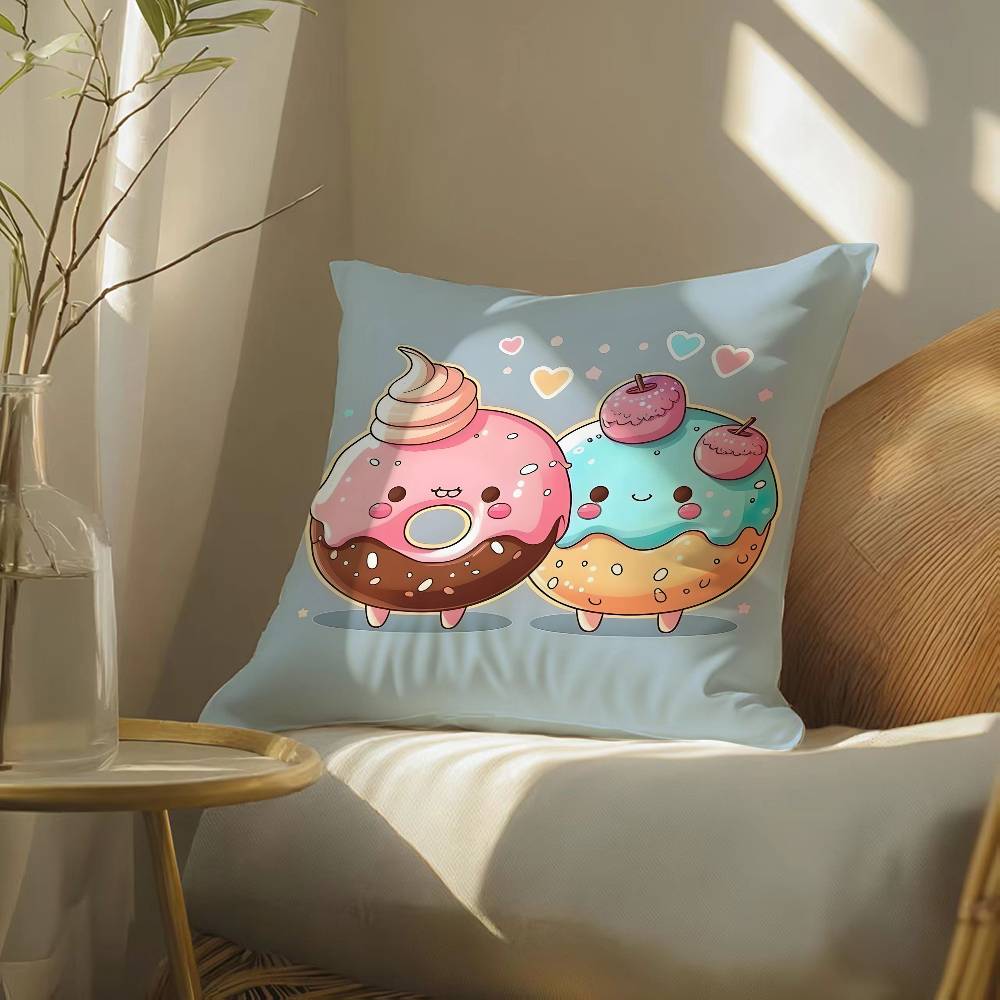 Food Lovers Cartoon Cute Donuts Pillow Case Silky Elegant Comfort Sofa Bed  Invisible Zipper Beach Pillowcase