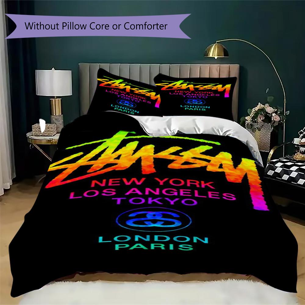Gradient Neon City Logo 3Pcs Bedding Set, Rainbow Street Sign Duvet Cover & 2 Pillowcases