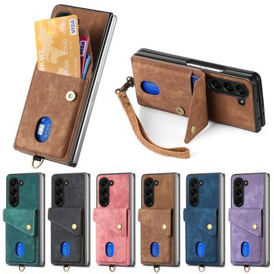 Vintage Karten Solt Halter Leder Brieftasche Fall für Samsung Z FOLD 5 Z Fold 4 3 Fold5 Handschlaufe Ultra dünne Flip Tasche Anti Drop Skin Cover