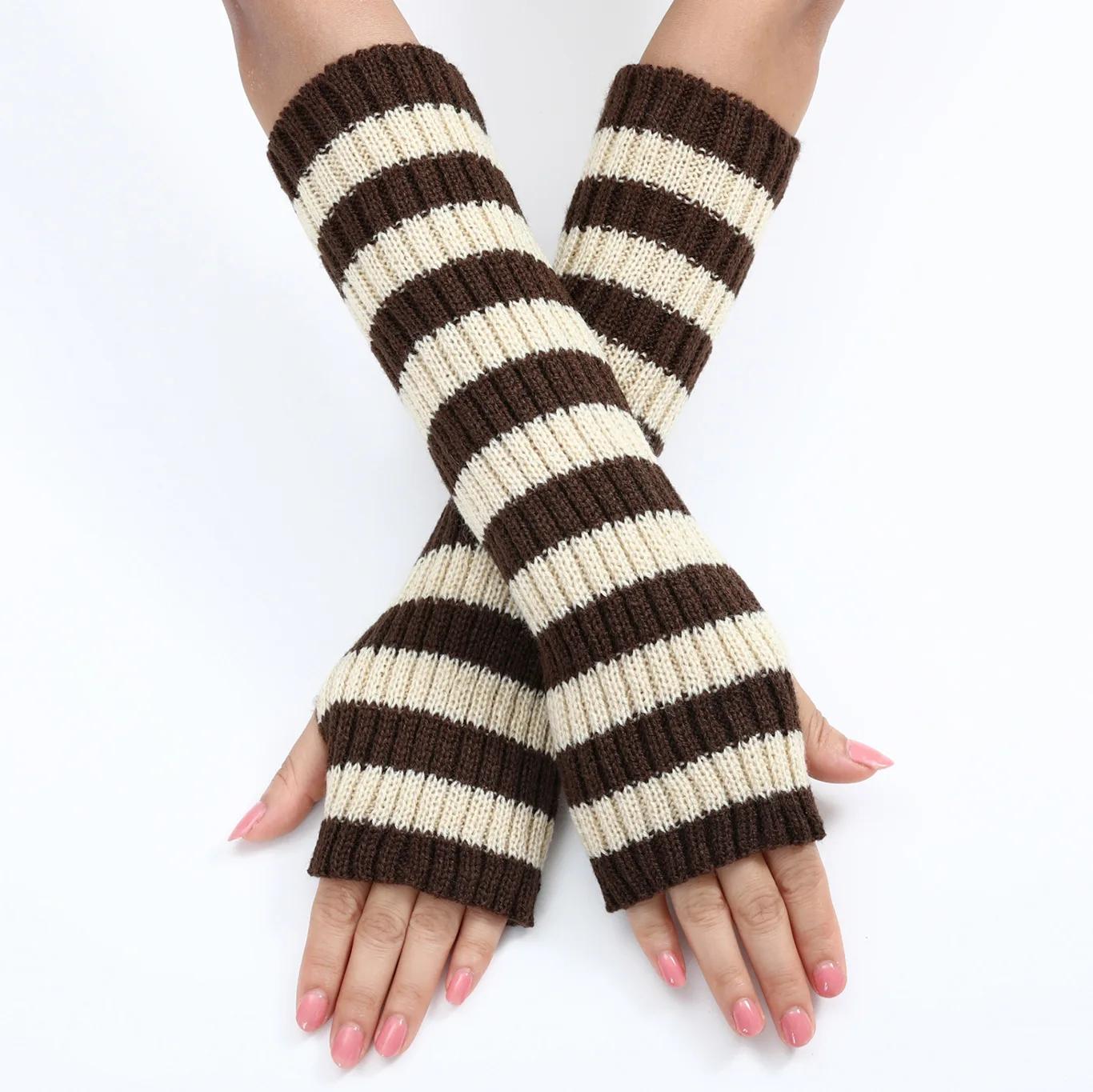 30cm Damen Modische Gestreifte Fingerlose Fäustlinge Mädchen Lange Strickhandschuhe für Wärme Winterhandschuh One Size