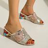 Fashion Fashion Rhinestone Chunky Heel Sandals Women Gold Sequin Decor High Heels Slippers Woman Peep Toe Mesh Breathable Beach Sandals