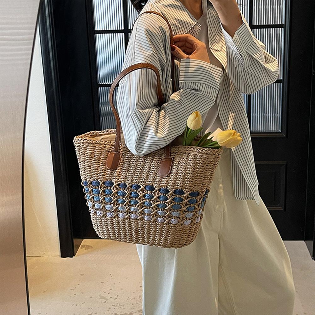 Women Woven Straw Large Tote Bag Zipper Closure Underarm Bag Summer Trendy Handbag for Beach Travel