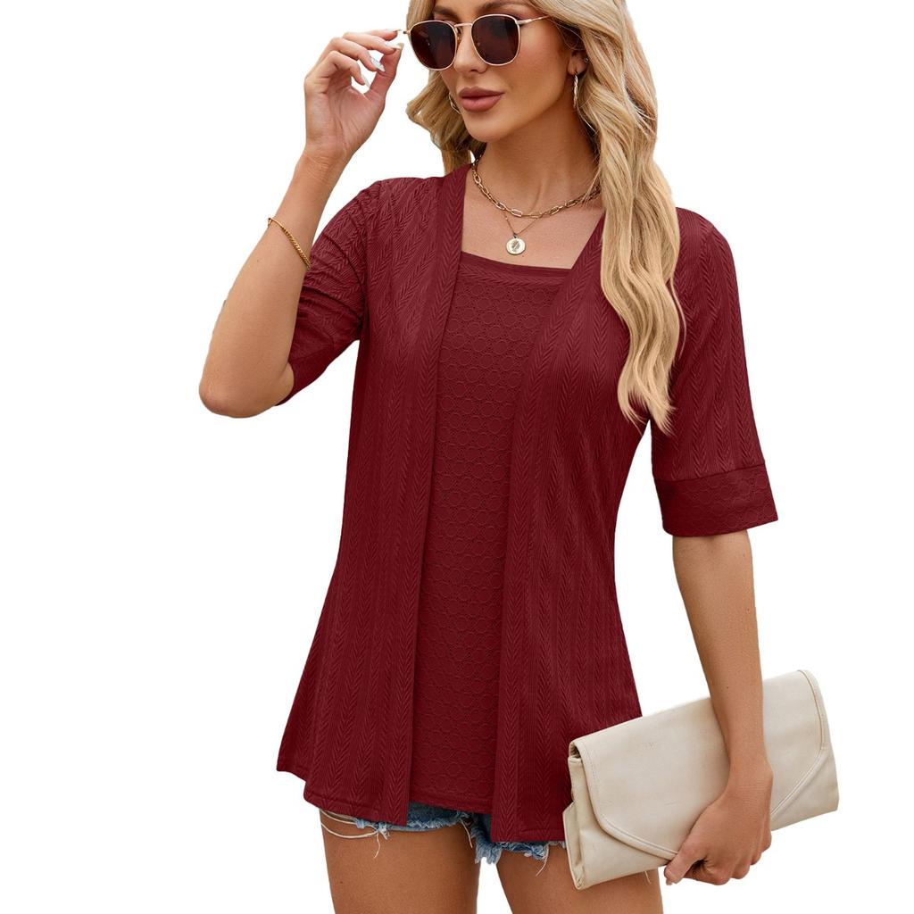 Spring Summer New Solid Color Square Neck Patchwork Half Sleeve T-shirt Top, Casual Tops for Women Crossborder Foreign Trade