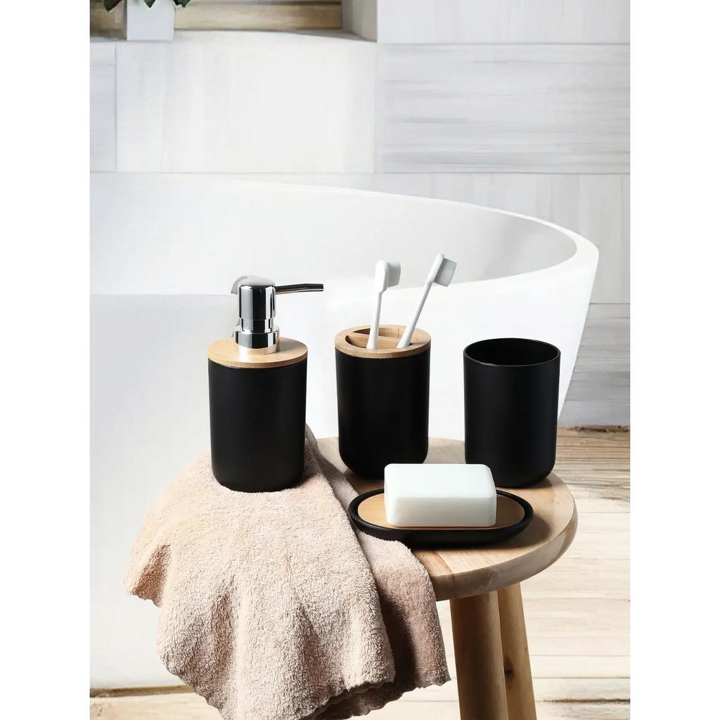 4-piece Black Bathroom Accessories Set Plastic Toothbrush Holder with Bamboo Cover Toothbrush Cup Lotion Dispenser Soap Box