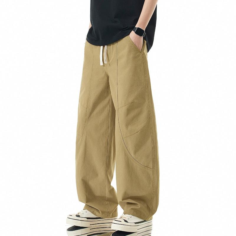 Trendy Brand Splicing Drawstring Casual Pants Men's Pure Cotton Loose Wide-leg Drape Lace-up Tooling Trousers