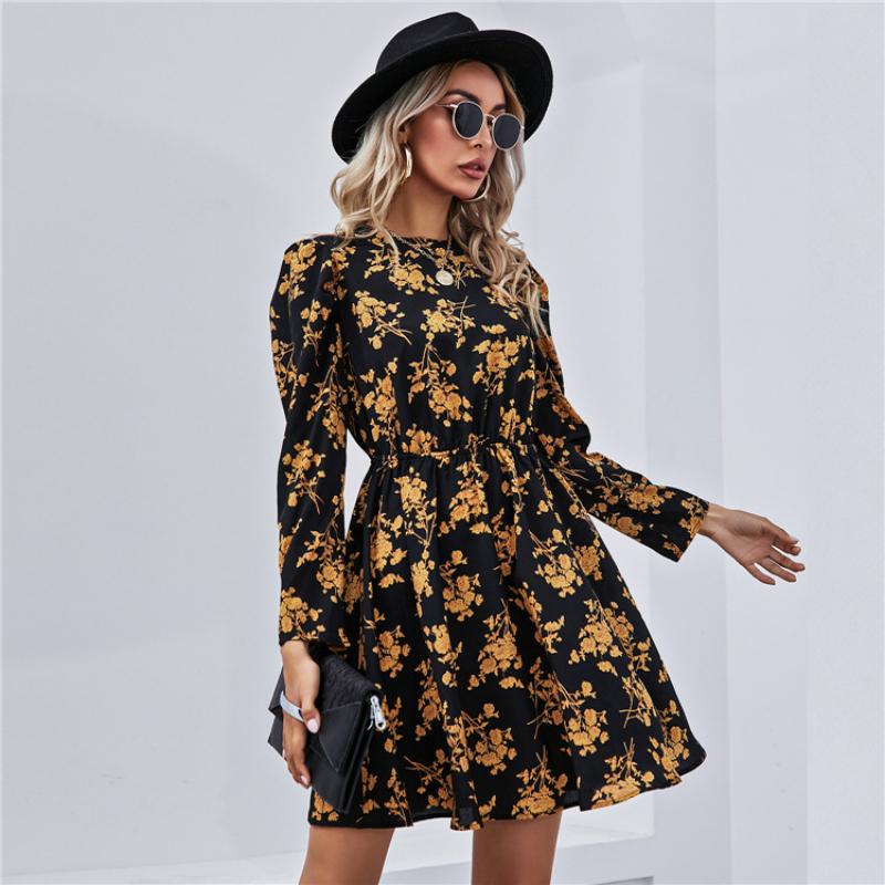 Elegant Women Floral Dress Autumn Long Sleeve High Waist Slim Dresses Female Office Commuter Comfortable Wear Daily Casual Gown
