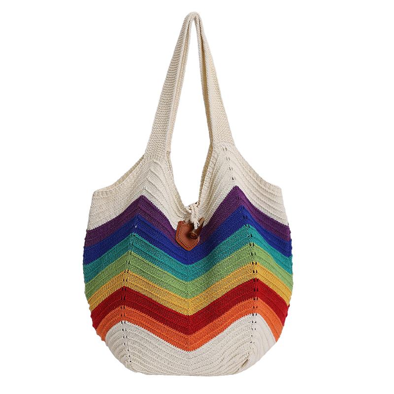 Богемная Радужная Крючком Сумка-Тоут Большая Вместимость Пляжная Сумка на Плечо Повседневная Плетеная Сумка для Летних Путешествий Покупок белый